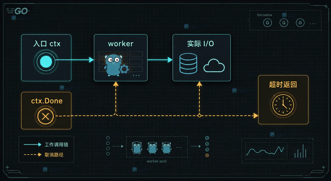 Context 从入口传到 worker 和实际 I/O,并通过 ctx.Done 触发超时返回