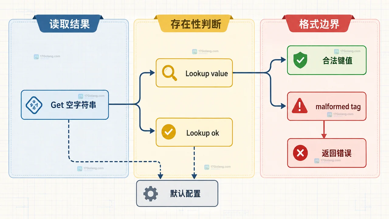 Go 自定义结构体标签中默认配置、合法值和 malformed tag 的边界关系图