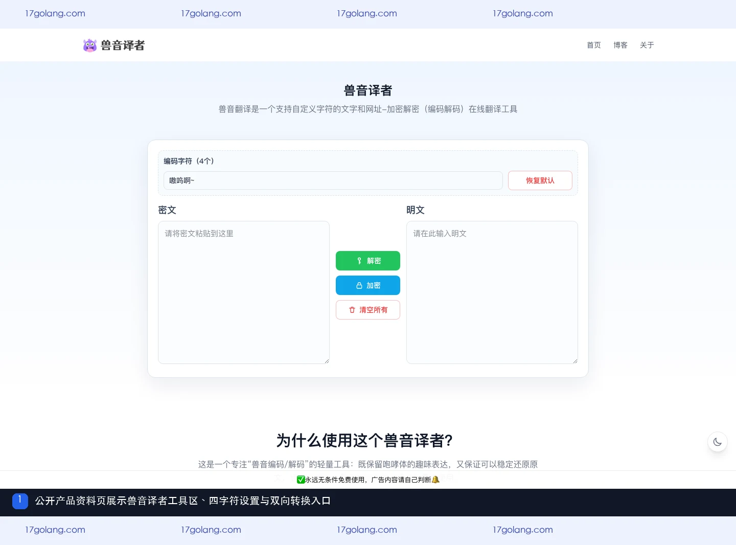 兽音译者公开产品资料页的工具入口,显示四字符设置和双向转换区域
