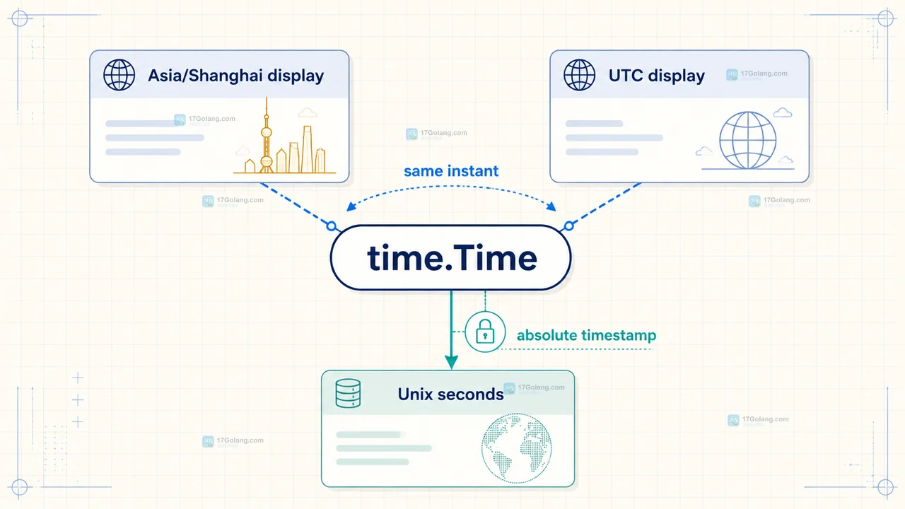 Go time.ParseInLocation 将日期文本、布局和 Asia/Shanghai Location 组成 time.Time 的静态结构图