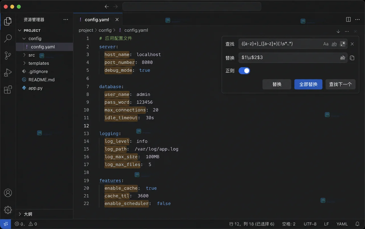 原创 VS Code 风格搜索视图展示正则替换预览、逐项确认和工作区文件范围