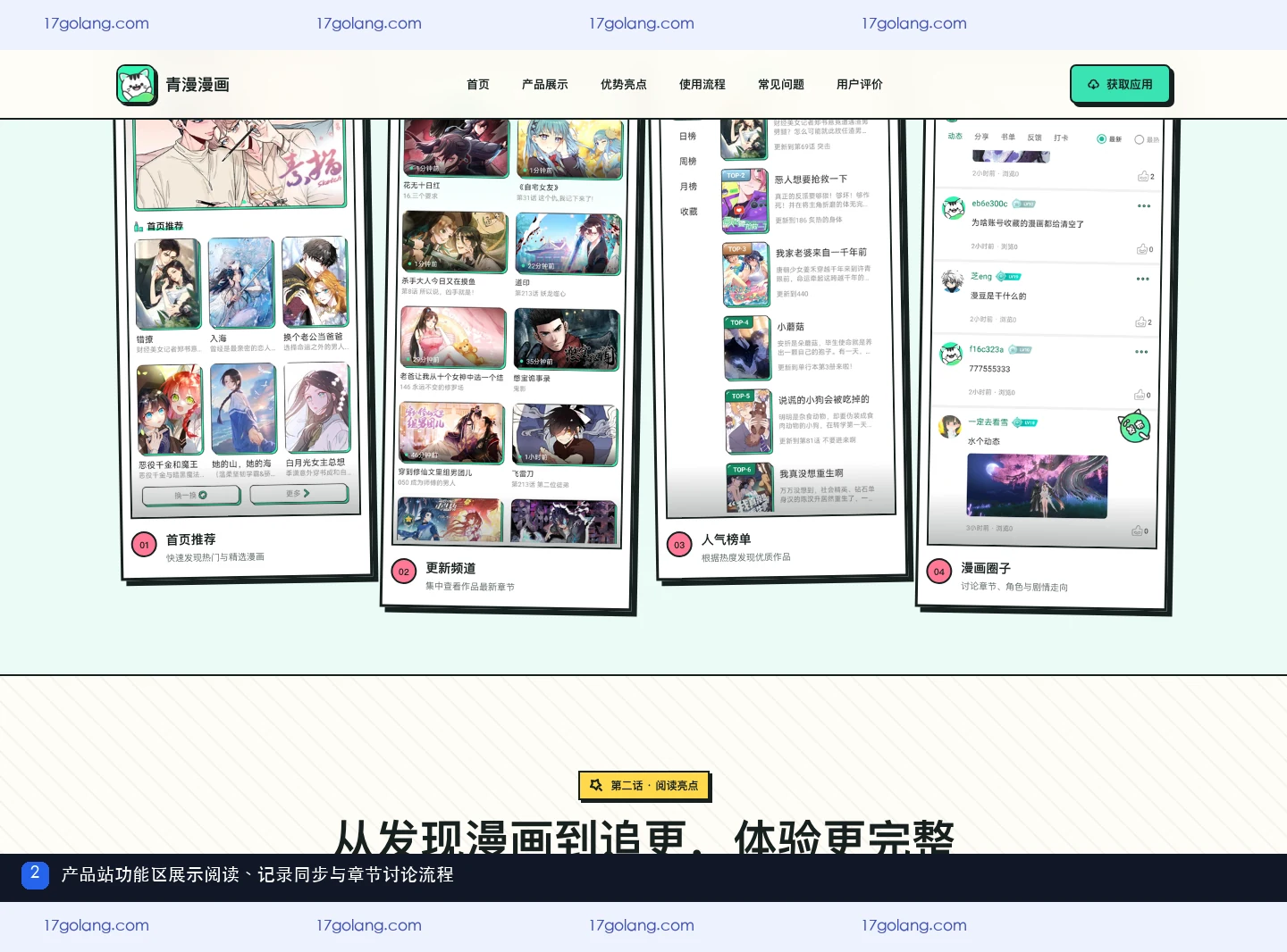 青漫漫画产品站功能区,展示连续阅读、收藏进度与章节讨论流程
