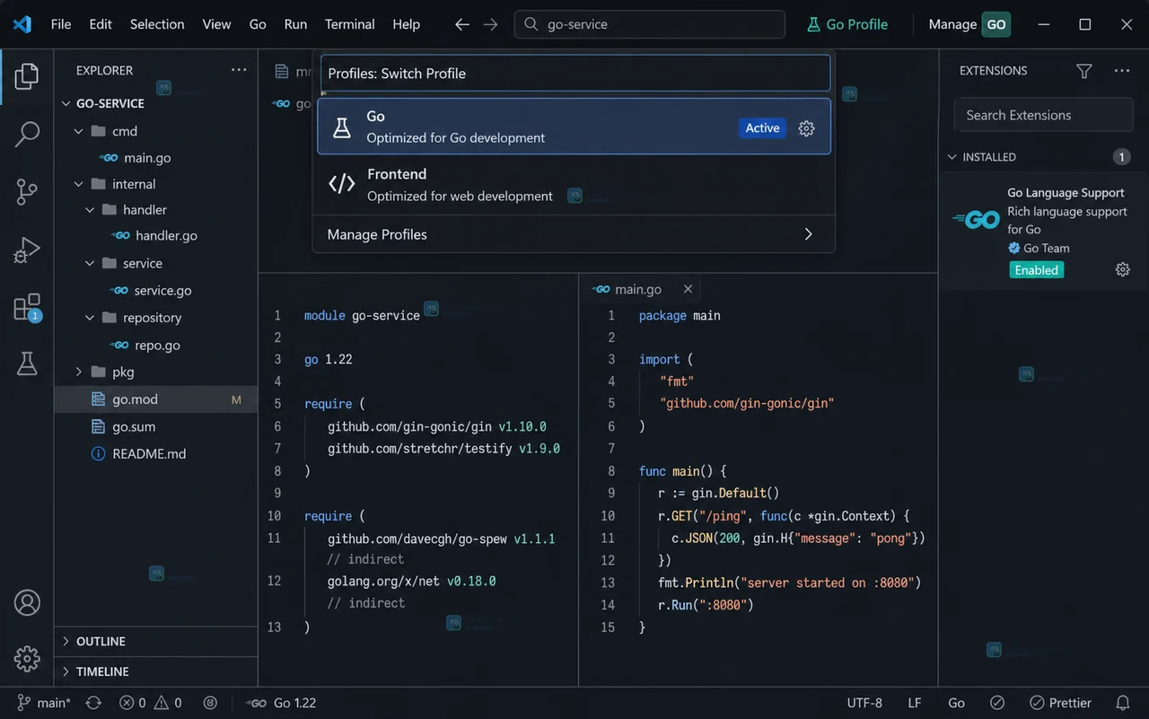 VS Code Profiles 编辑器中从 Manage 入口创建 Frontend Profile 的界面状态