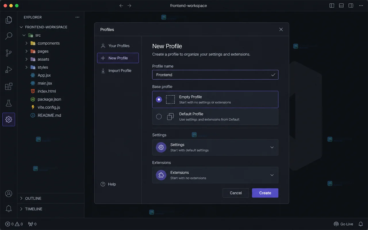 VS Code Go 工作区通过 Profiles Switch Profile 切换到 Go 配置后的界面状态