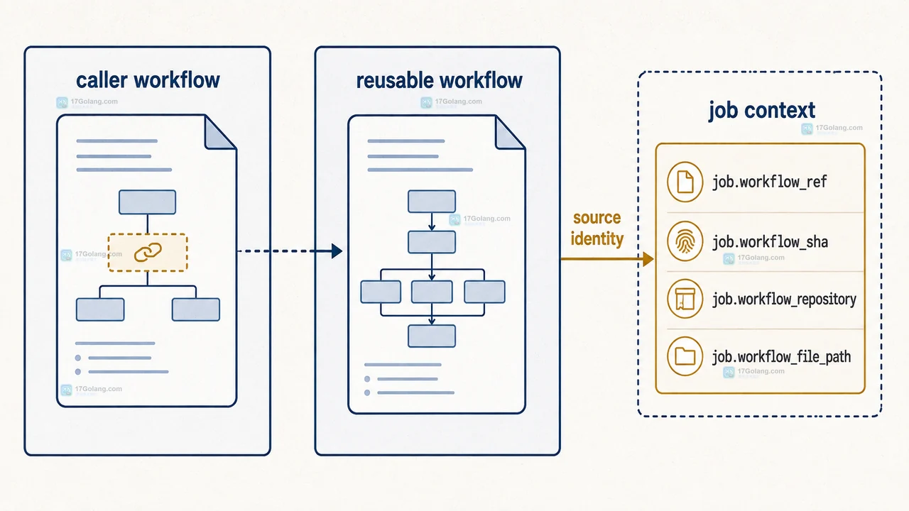 GitHub Actions runner 生命周期、GITHUB_TOKEN 最小权限和 reusable workflow 来源定位三项更新的关系图