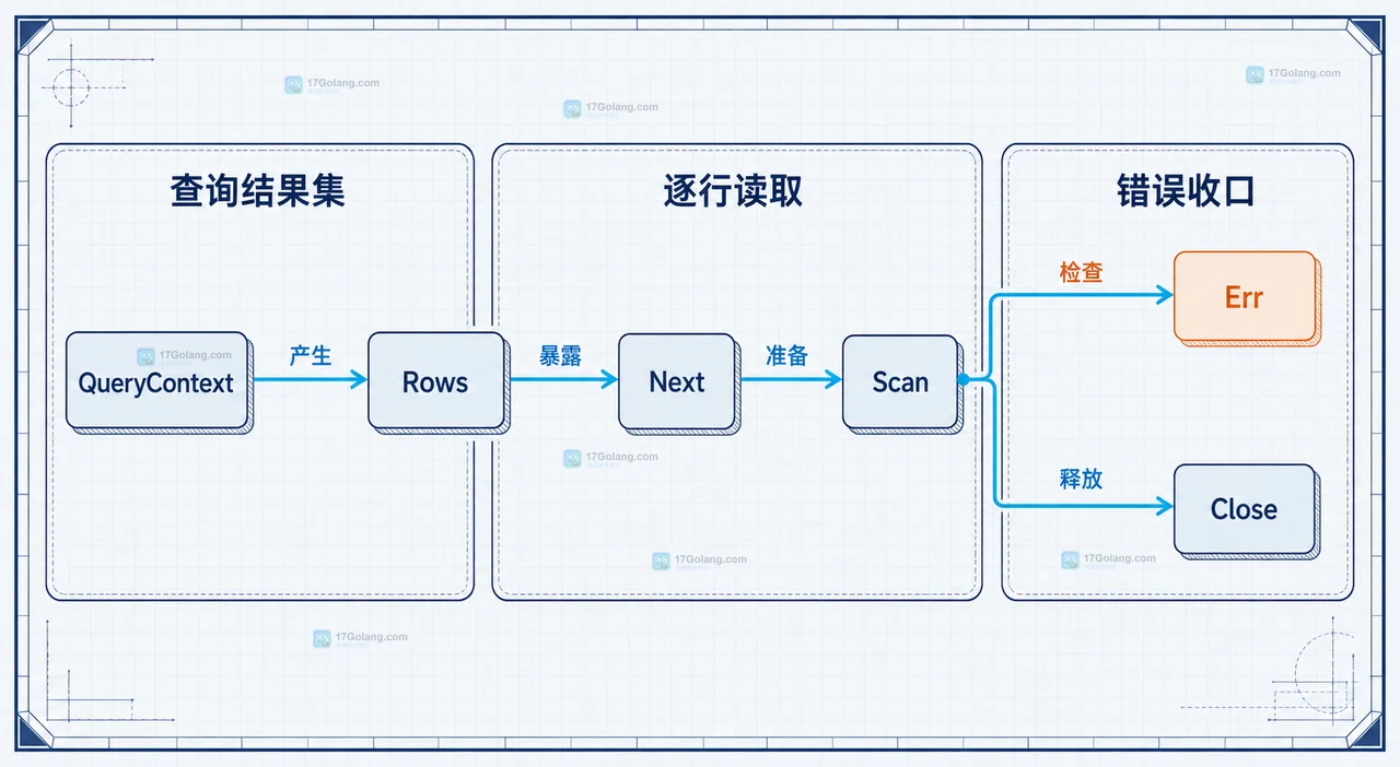 Go Rows.Scan 当前行解码与 Rows.Err 迭代错误分开的静态关系图