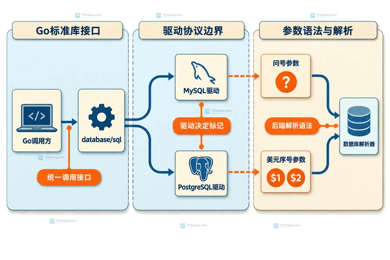 Go database/sql、MySQL 与 PostgreSQL 驱动以及问号和美元序号占位符的静态关系