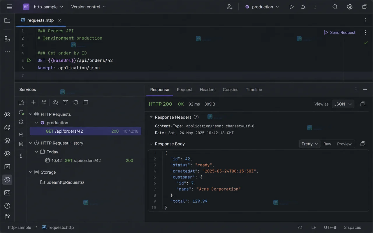 IntelliJ IDEA HTTP Client 创建 requests.http 后显示 GET 请求和运行入口的界面状态