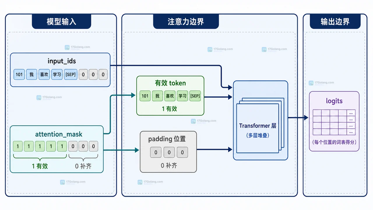 attention_mask 将有效 token 与 padding 位置区分后传入 Transformer 层的静态结构
