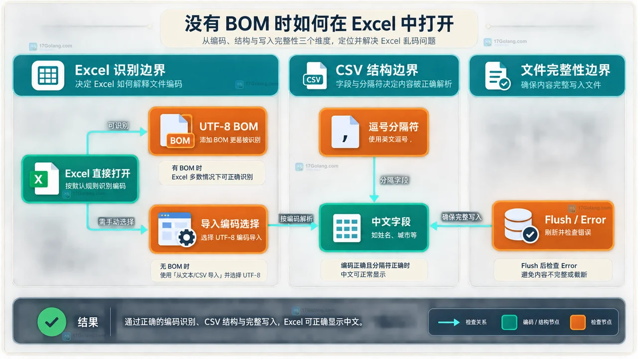 Go 文件写入 UTF-8 BOM 后交给 encoding/csv Writer 输出中文字段的边界关系图