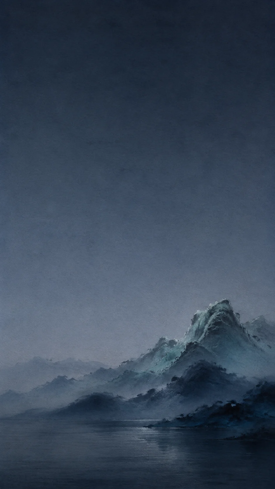 青玉远山水墨手机壁纸主图,顶部低纹理留白,中下部为三层山脊和浅水