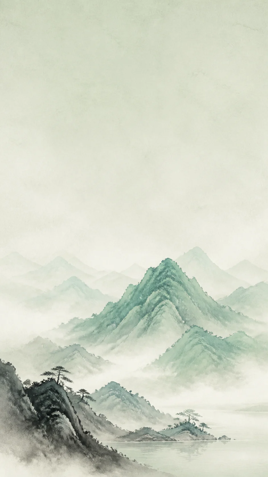 午夜蓝青玉远山水墨手机壁纸变体,山脊右移,左侧开放天空和底部暗银水面