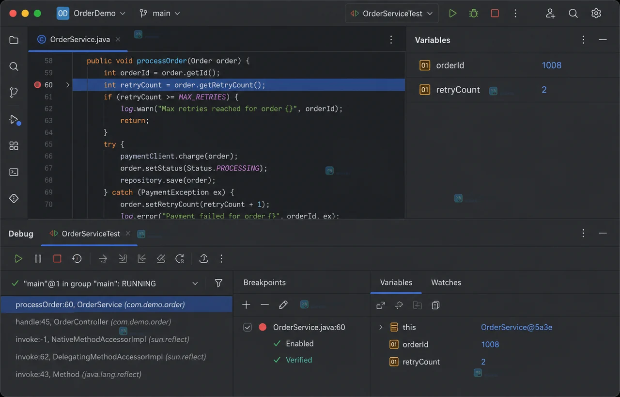 IntelliJ IDEA Debug 窗口在条件断点命中后显示 Variables 和已验证断点状态