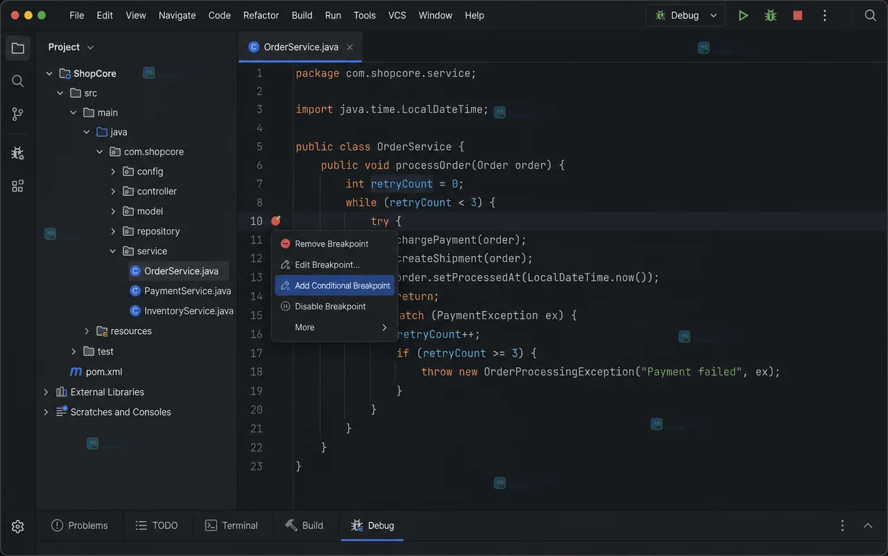 IntelliJ IDEA Java 编辑器在可执行行左侧显示红色断点并打开断点右键菜单