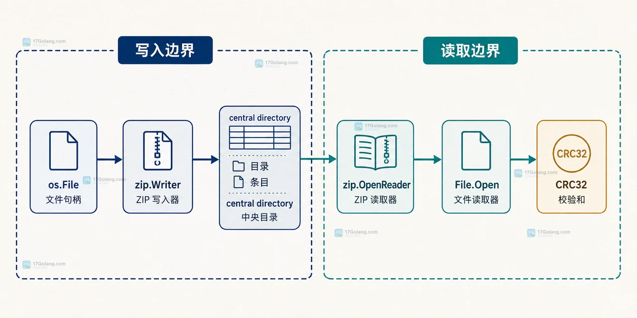 Go archive/zip 中 Writer.Create、条目写入、Writer.Close 与 central directory 的静态结构关系
