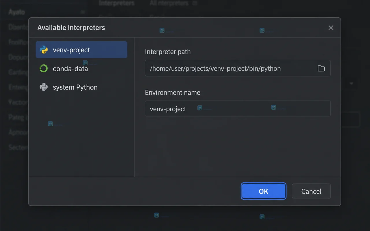 PyCharm 项目窗口底部 Python Interpreter selector 展开并选中 venv-project 虚拟环境