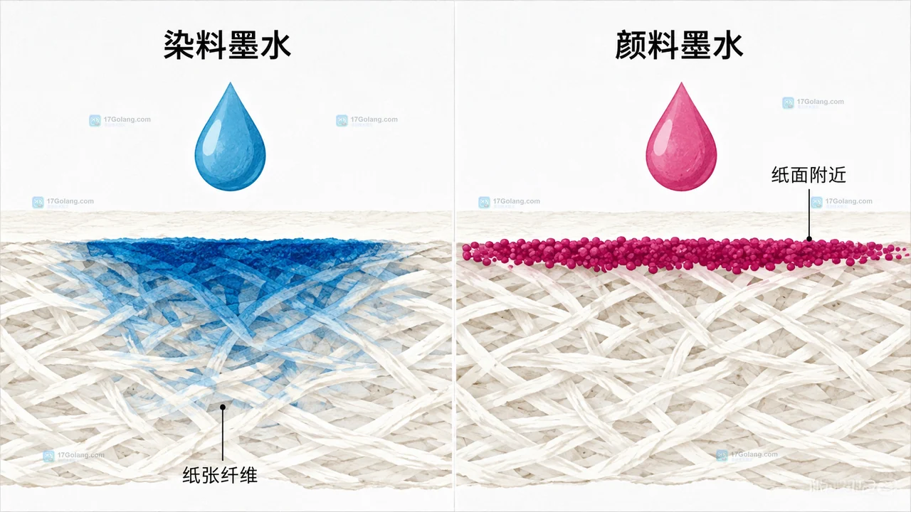 颜料墨水与染料墨水在普通纸纤维和纸面附近的着色位置对比说明图