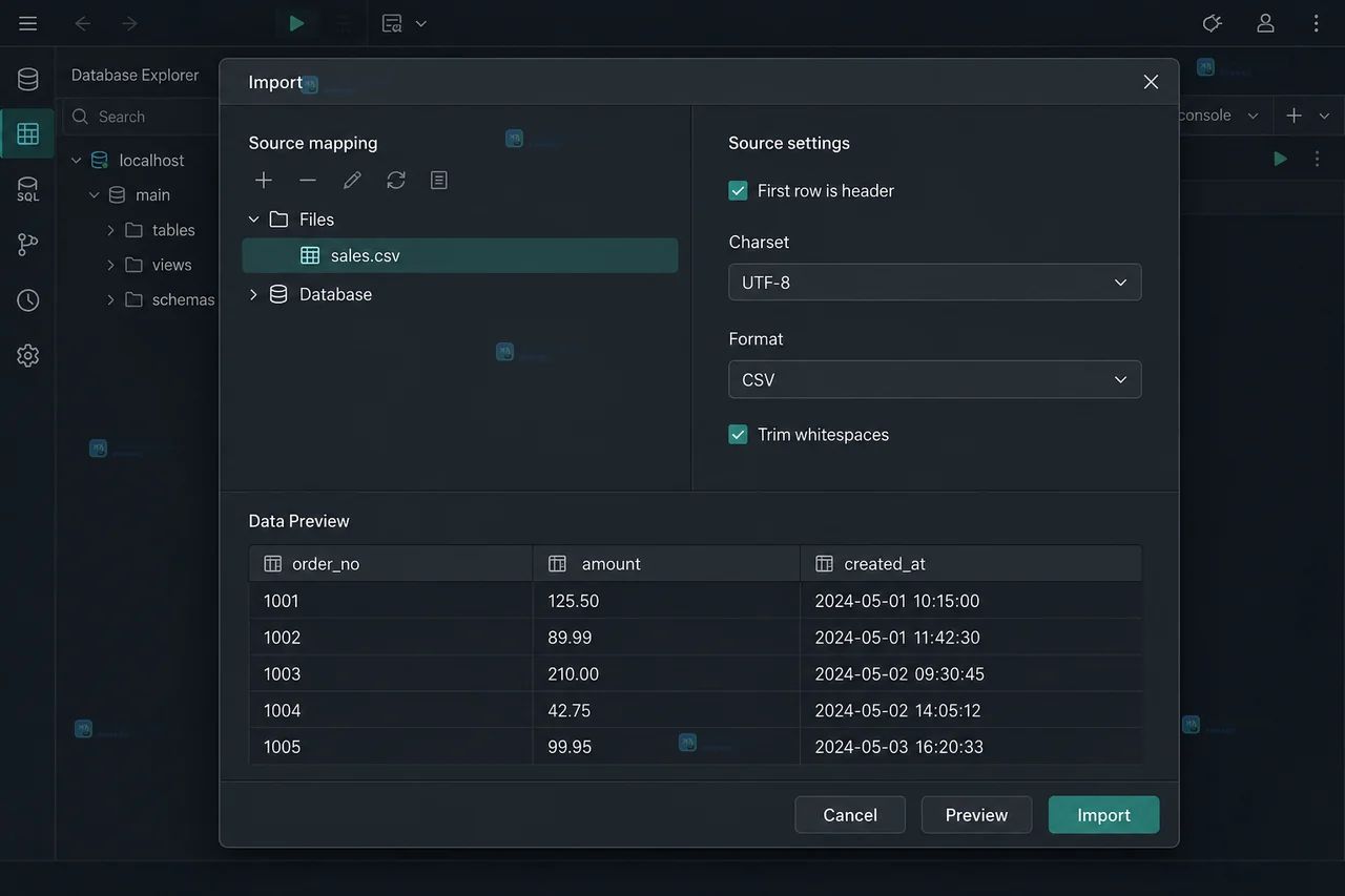 DataGrip Import 对话框中的 CSV 源设置显示首行表头、字符集、格式和数据预览
