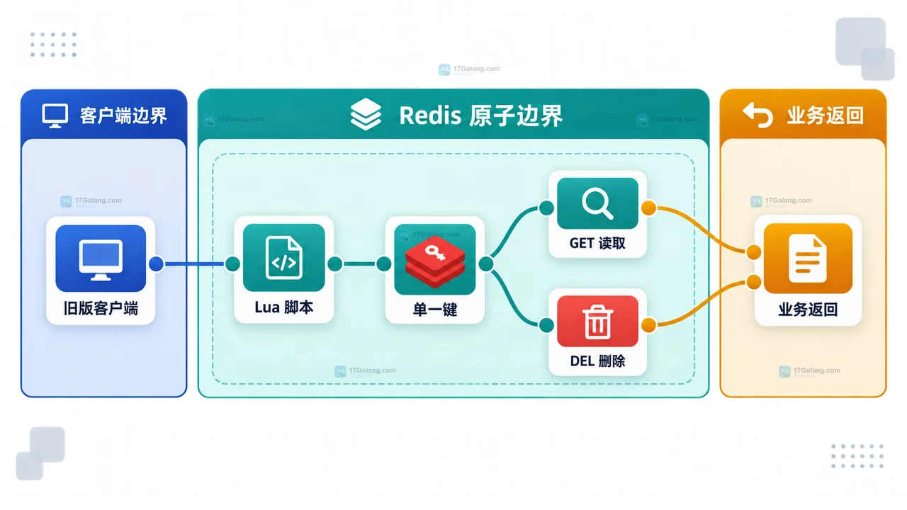 Redis GETDEL 一次性令牌的业务请求、字符串键、返回值和删除状态静态关系图