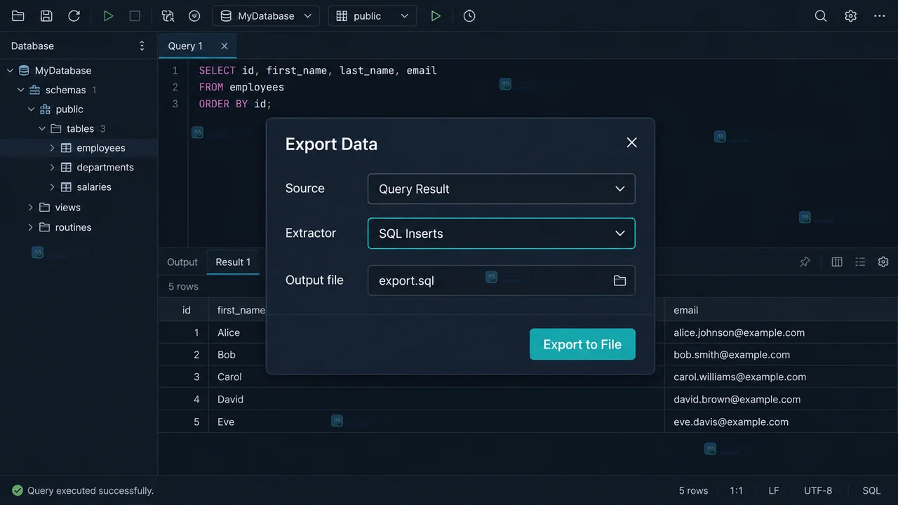 DataGrip Export Data 对话框中选中 SQL Inserts 并设置 Output file