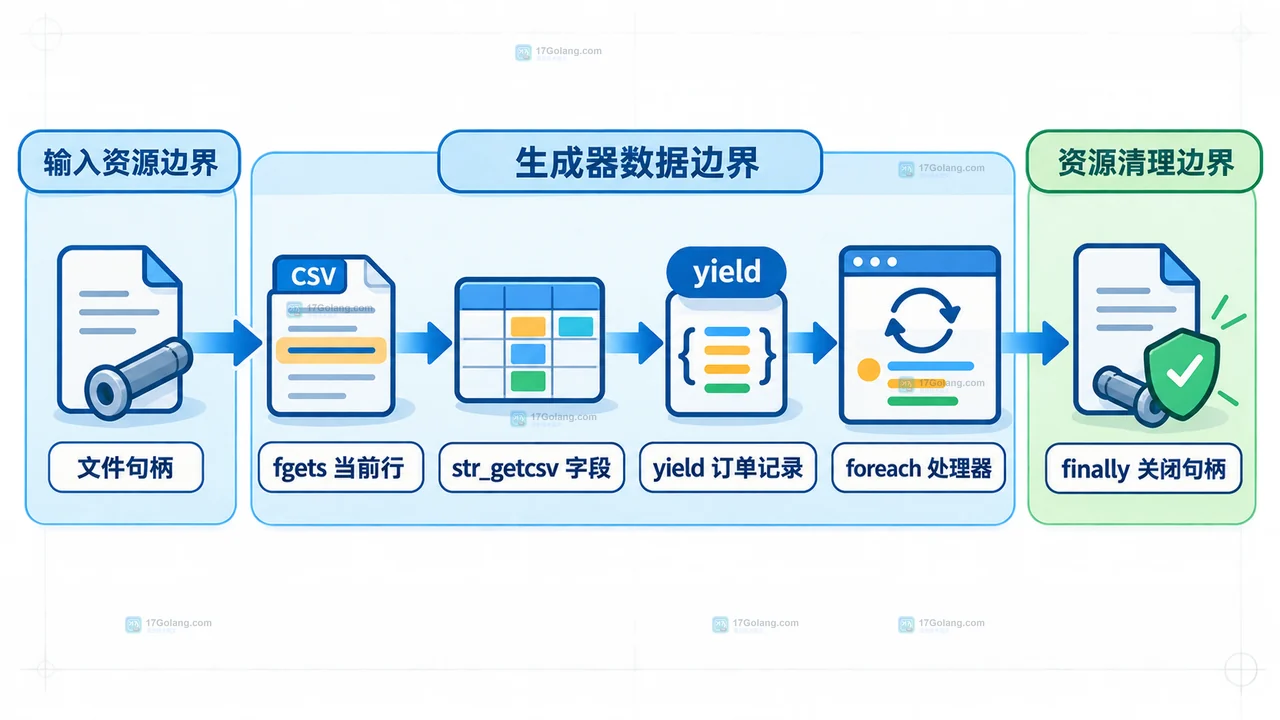 PHP yield 读取大量数据时,数据源、生成器状态、当前记录和消费逻辑之间的内存边界静态关系图