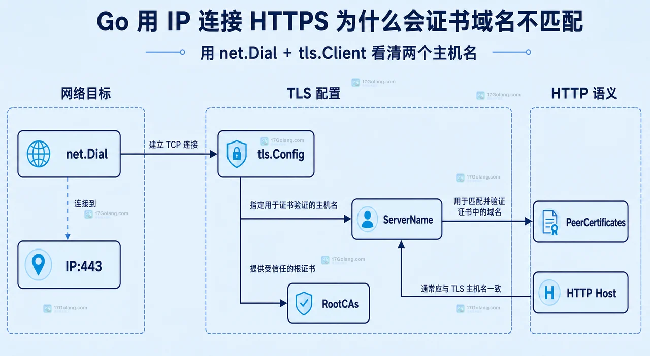 Go HTTPS IP 连接中的 IP 地址、ServerName、SNI 与证书 SAN 静态关系框图