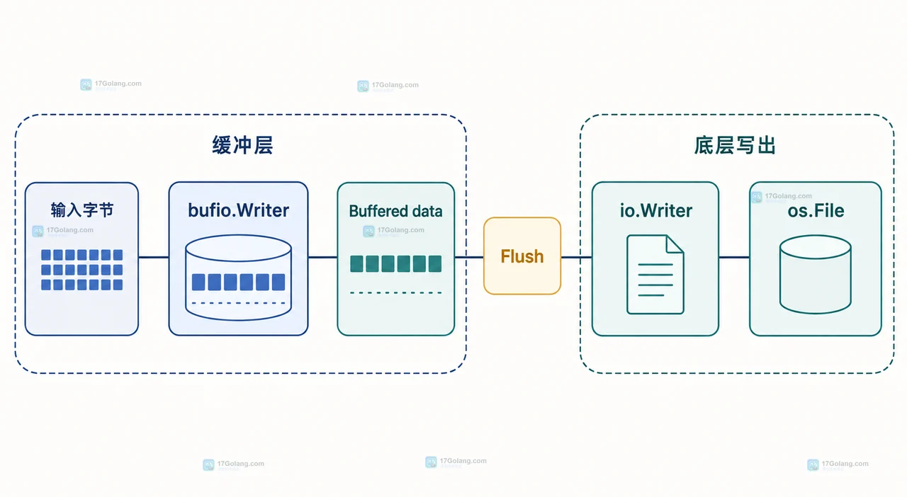 Go 文件写入中缓冲层、路径、打开模式与 Stat 检查的静态关系图