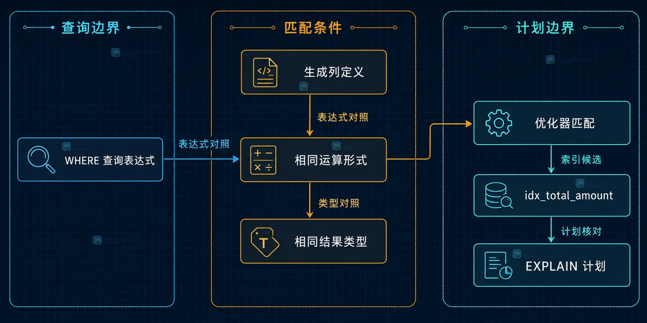 MySQL 优化器将查询表达式匹配到生成列定义和金额索引的静态查询结构