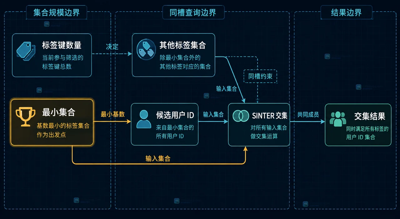 Redis SINTER 多标签用户筛选中的标签请求、Set 反向索引、交集命令和用户 ID 结果静态关系图