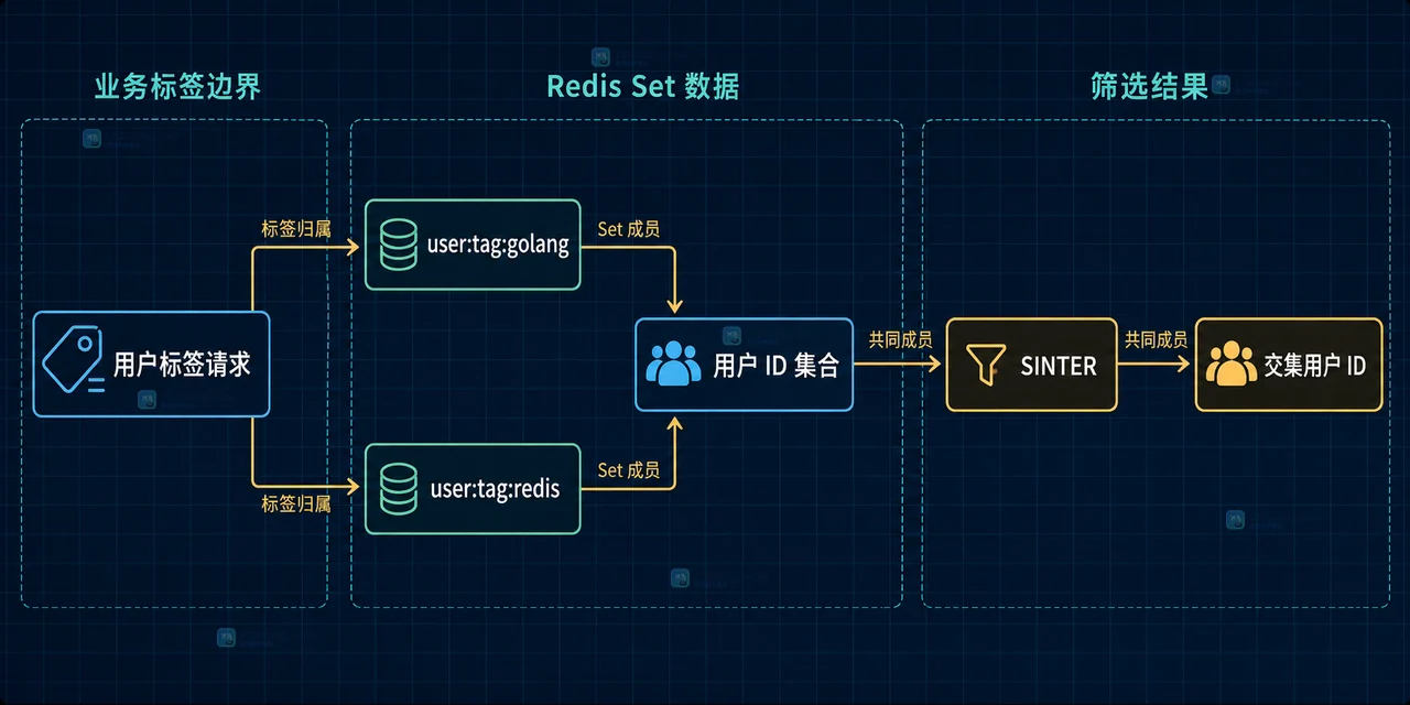 Redis SINTER 查询复杂度中最小标签集合、候选用户、其他标签集合、交集命令和同槽边界关系图