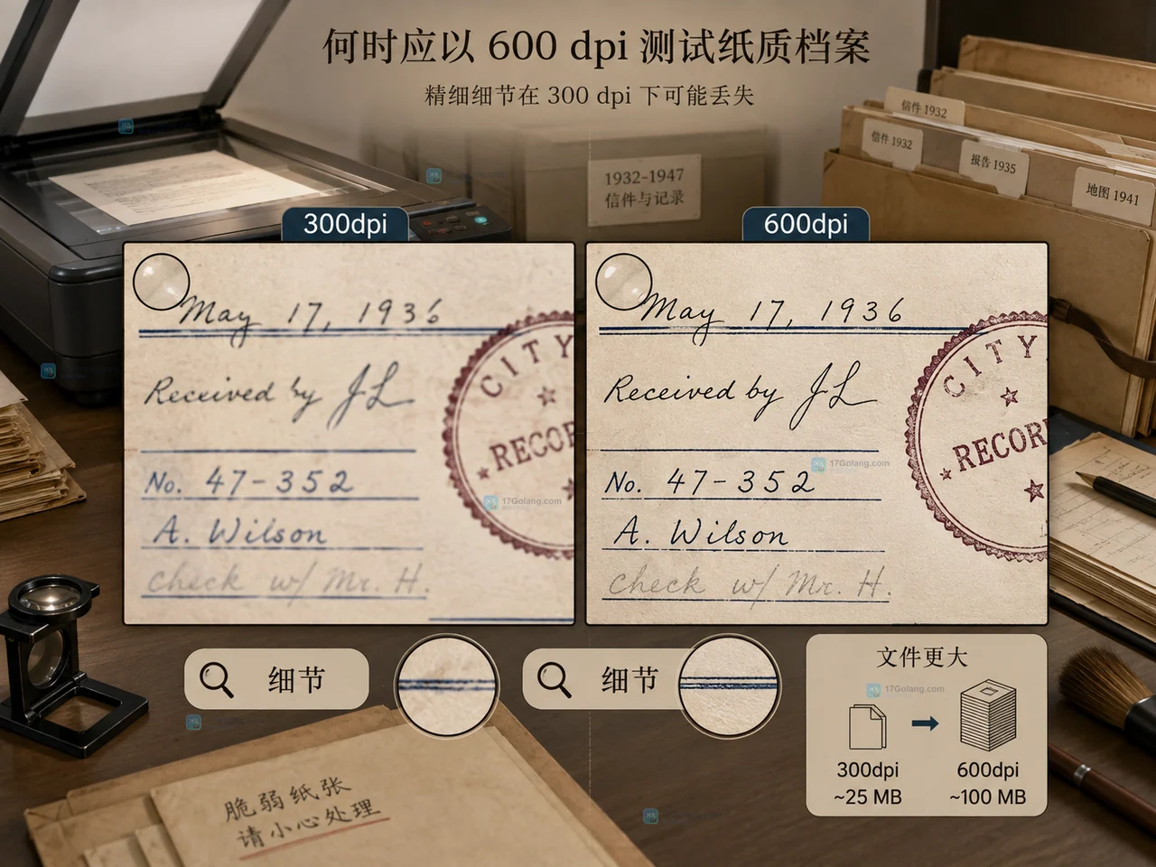 档案工作台上用300dpi试扫普通文字并比较OCR和文件大小的原创说明图