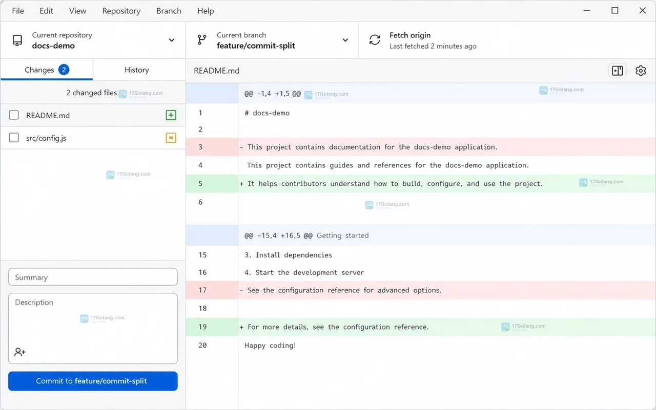GitHub Desktop Changes 入口显示文件复选框和 README.md 差异面板