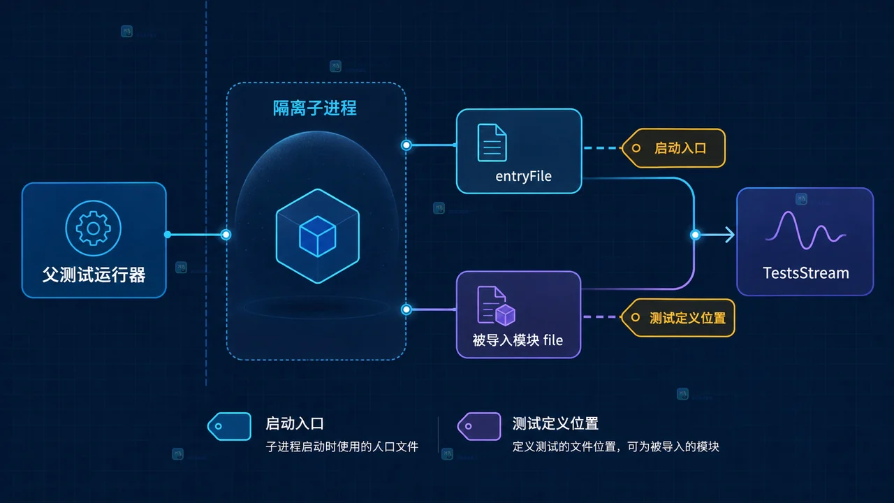 Node.js 24.20.0 测试上下文通过结构化日志产生 test:log 并到达实时 reporter 的关系图