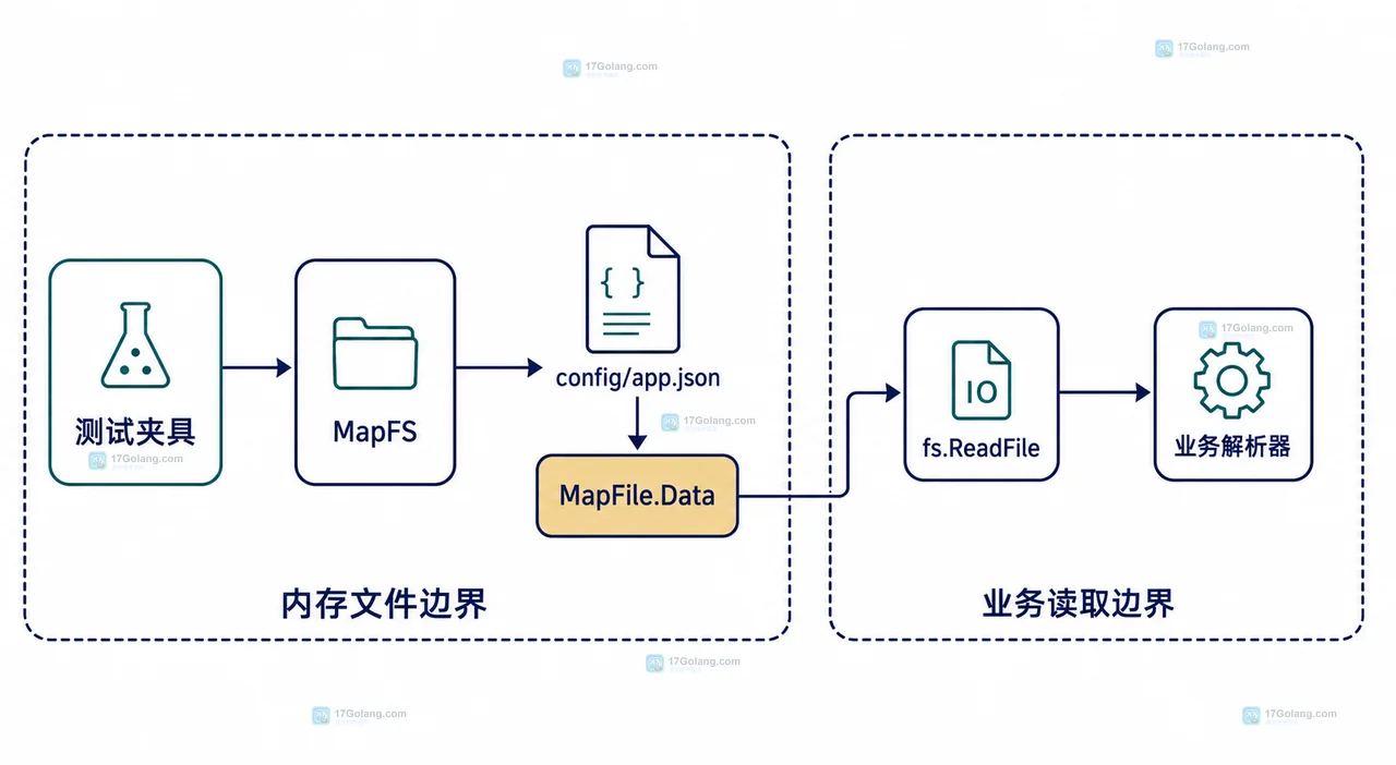 Go fs.FS 业务测试与 fstest.TestFS 文件系统契约检查边界图
