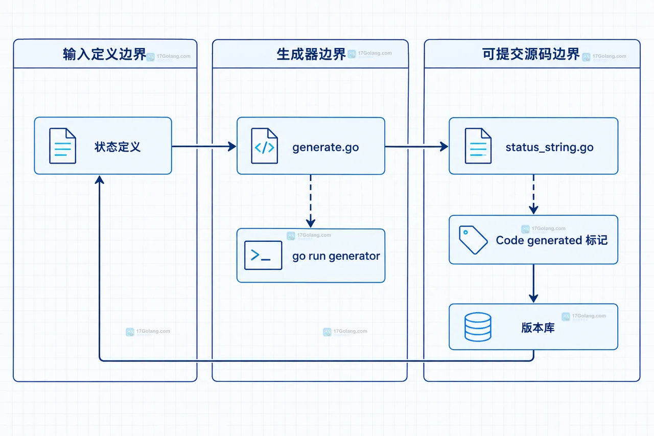 Go go generate 从源 Go 文件、生成指令到生成文件和构建检查的静态边界框图