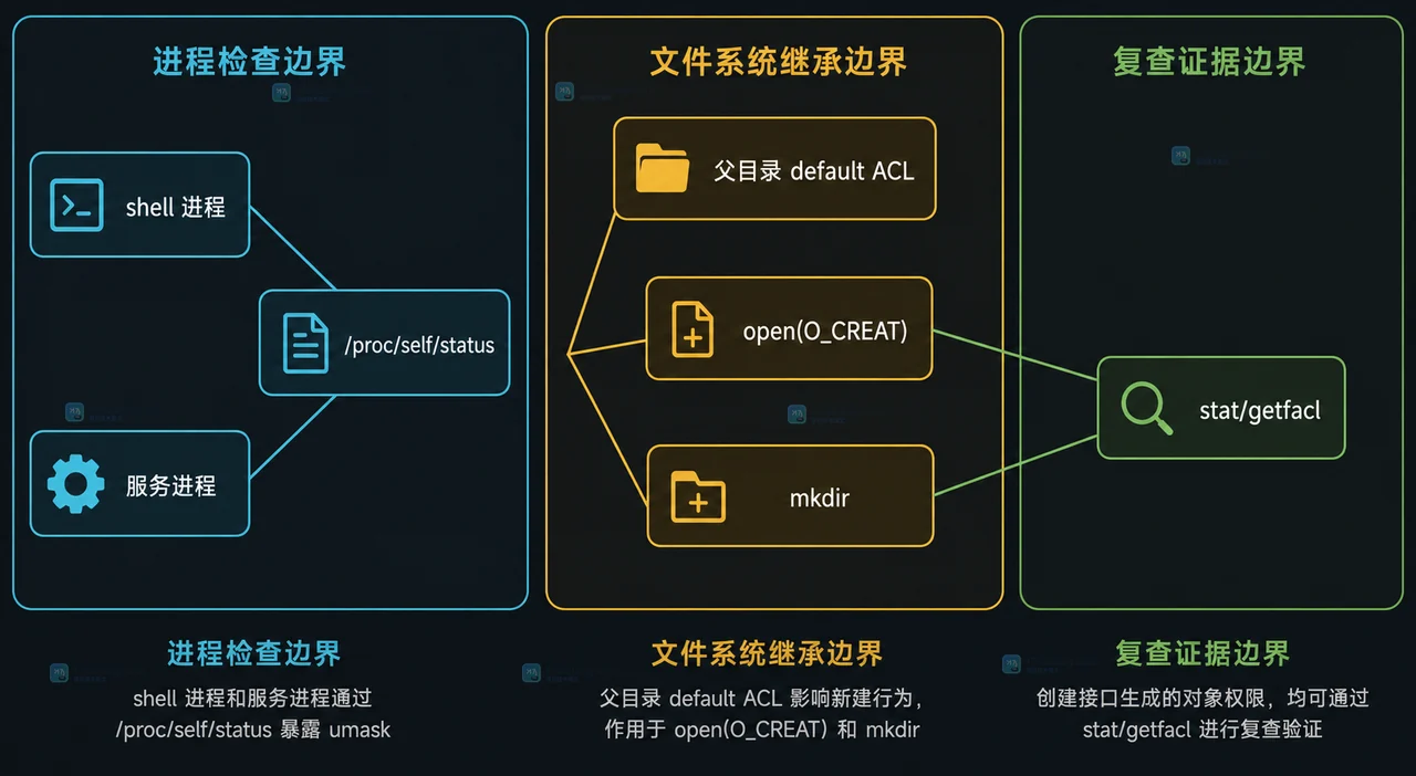 Linux 权限排查中 shell 进程、服务进程、proc 状态、父目录 ACL、创建接口与复查命令的静态关系图