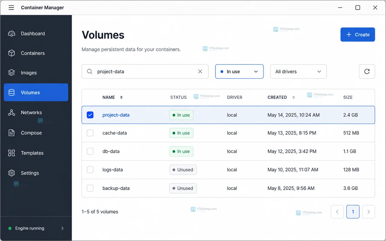 Docker Desktop 卷详情 Stored data 文件树和 Container in-use 挂载路径的原创界面状态