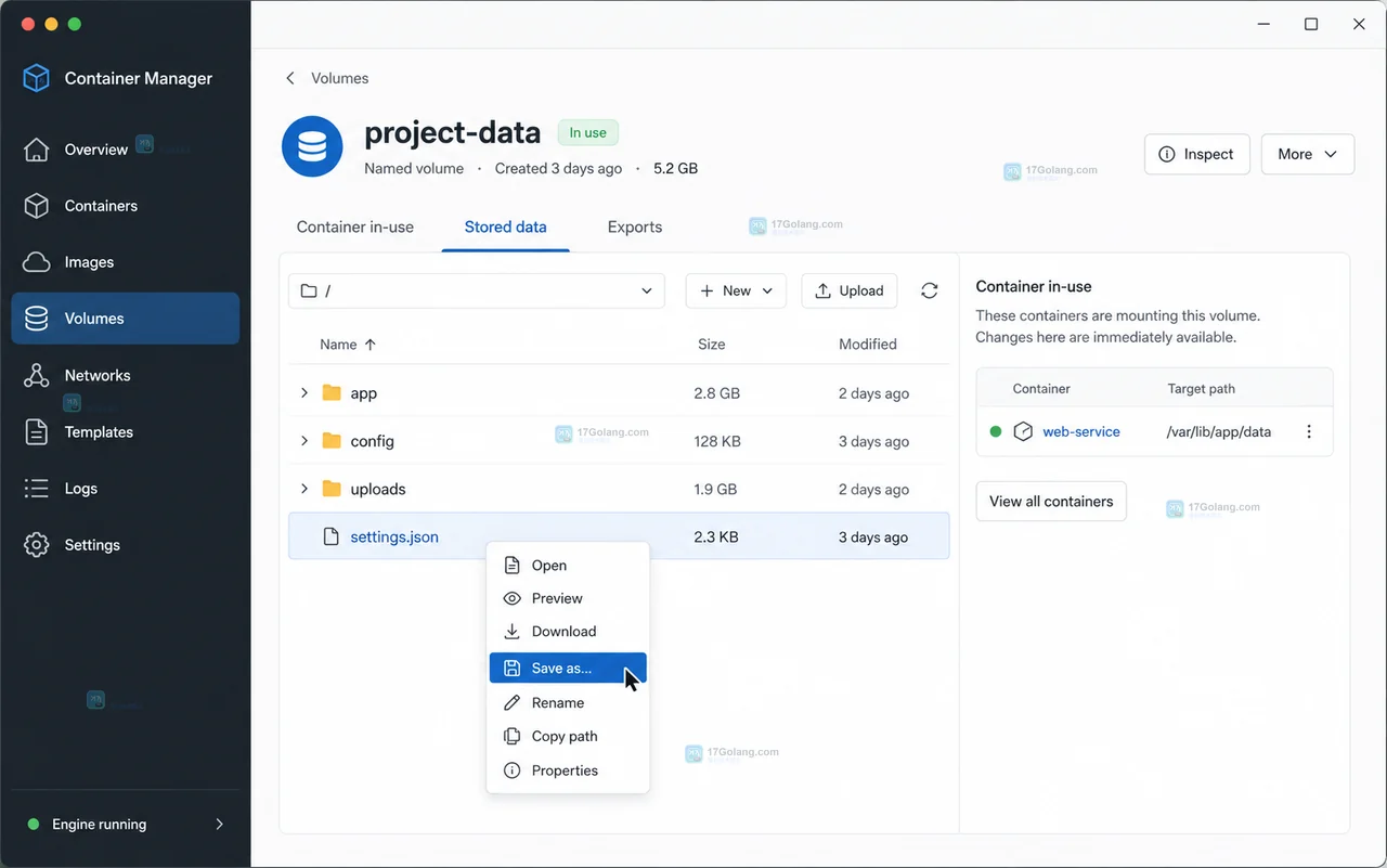 Docker Desktop Volumes 视图中用 Search 搜索 project-data 并按 In use 筛选的原创界面状态