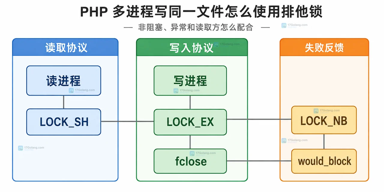 PHP flock LOCK_EX 独立锁文件与 fwrite 临界区的静态关系图