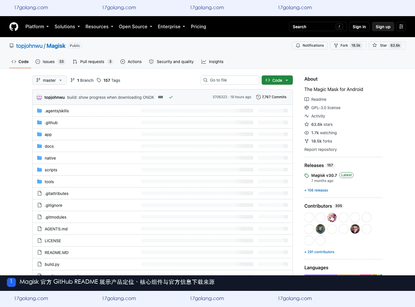 Magisk 官方 GitHub README 展示产品定位核心组件与官方信息下载来源