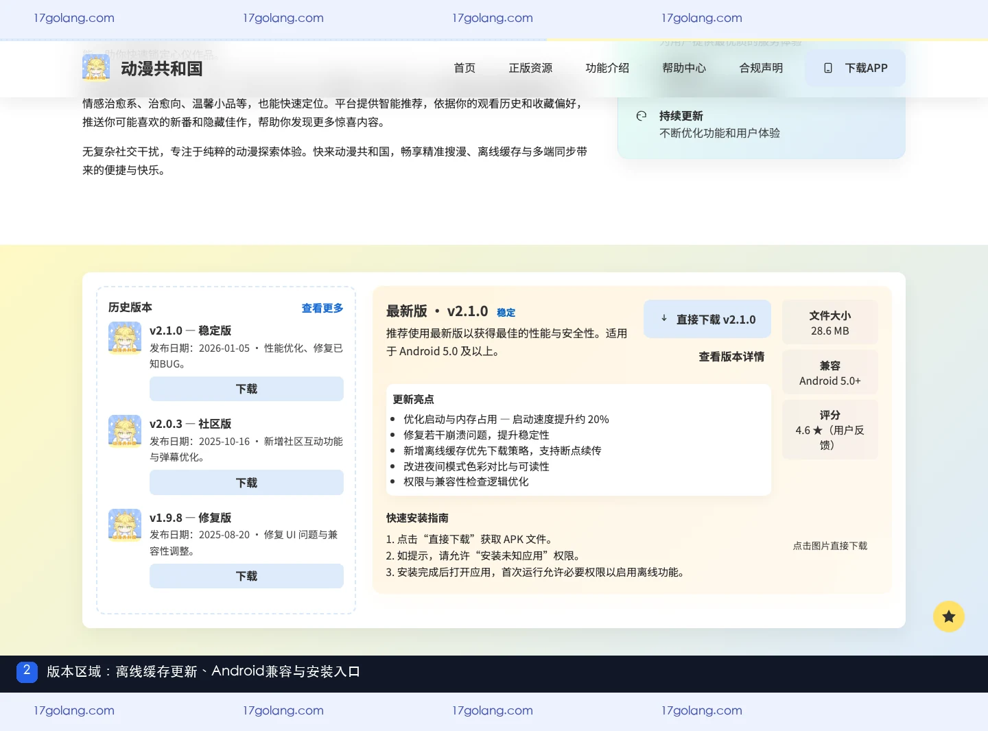 动漫共和国产品站版本区域,展示离线缓存更新、Android 5.0+兼容、文件大小和快速安装入口