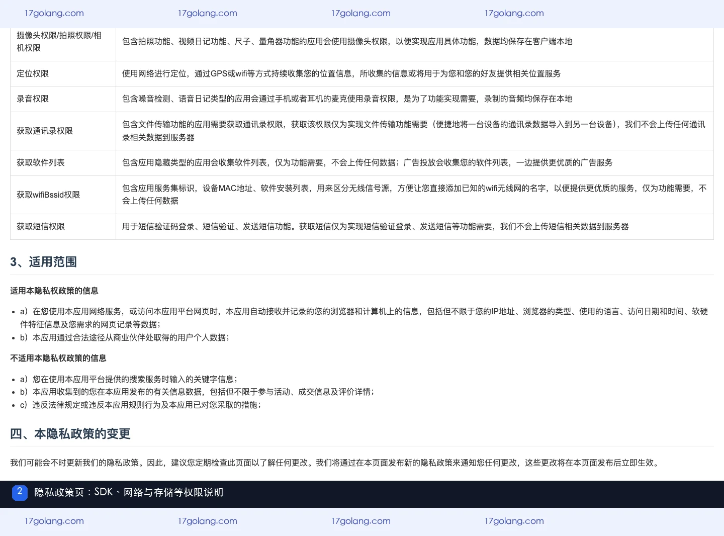 tuozi 同站隐私政策页面展示 SDK、网络、存储和其他权限说明