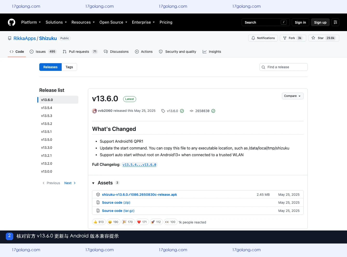 RikkaApps官方GitHub Releases页面展示Shizuku v13.6.0更新与Android兼容说明