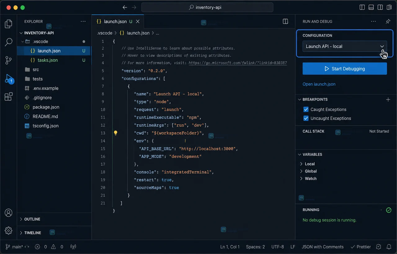 VS Code 调试启动后在 VARIABLES 面板确认项目环境变量的界面状态