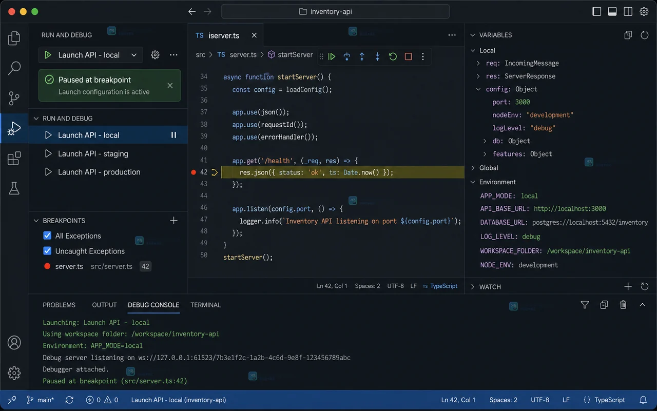 VS Code 工作区 launch.json 中配置 env 和 cwd 的调试界面状态