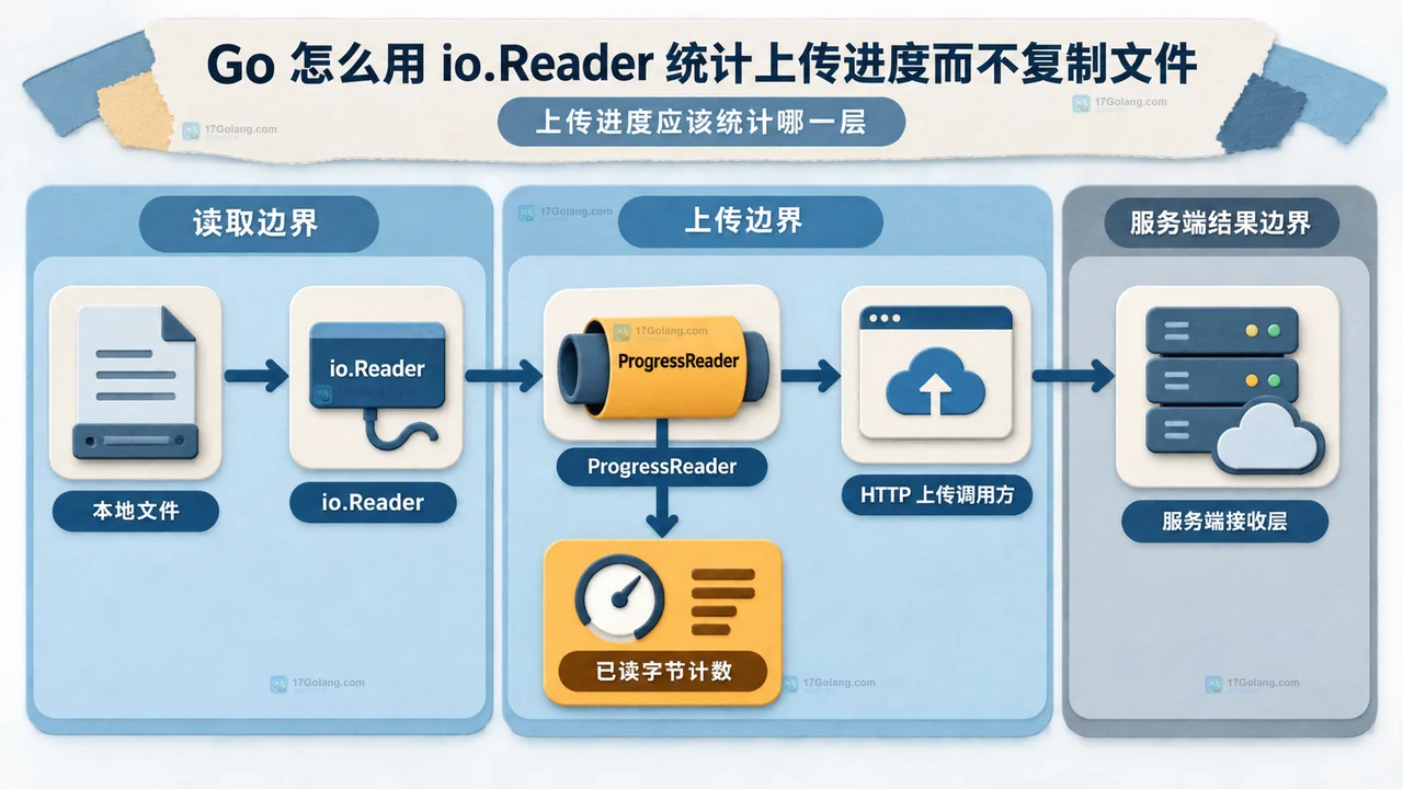 Go ProgressReader 并发进度图,展示 source Reader、atomic.Int64、HTTP 请求体、上传 goroutine 和进度轮询器的静态关系