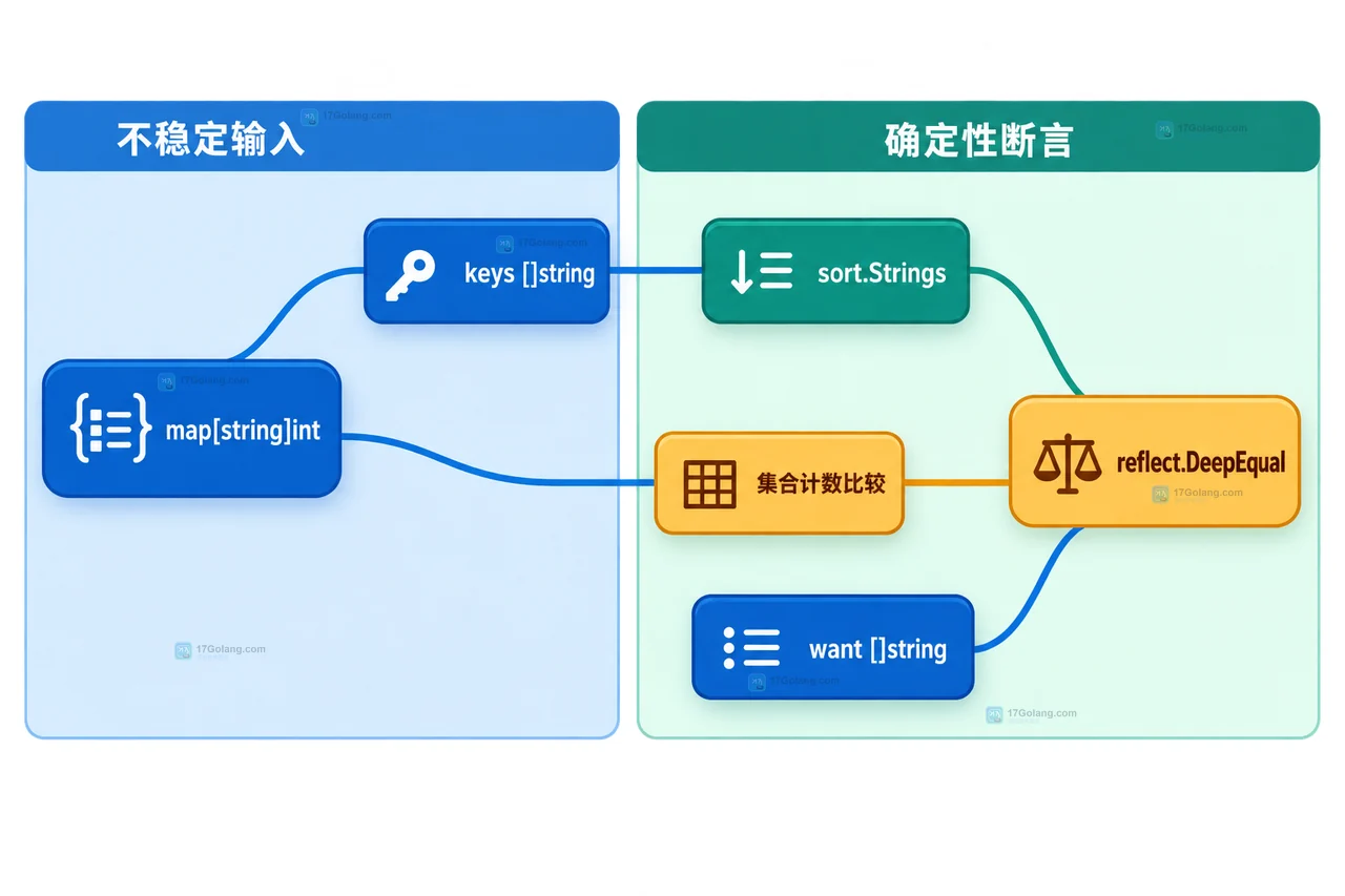 Go map 测试从 map[string]int 提取 keys、排序并进行确定性断言的静态关系图