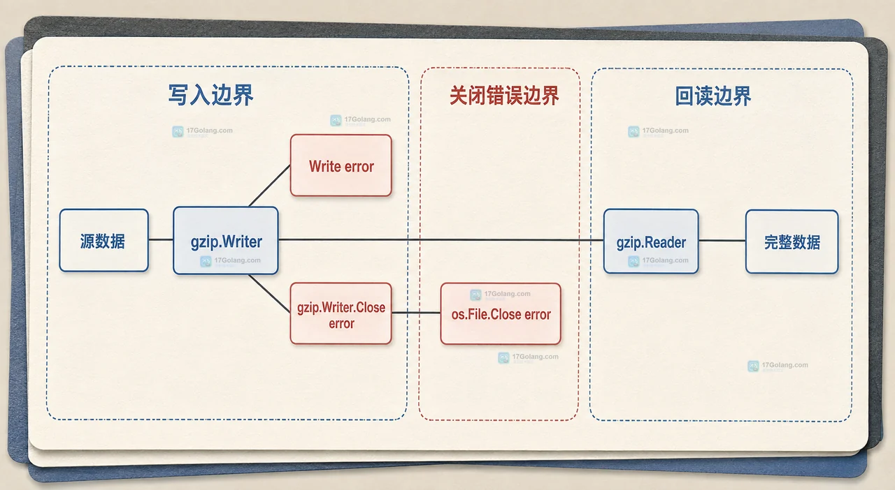 Go gzip.Writer、Close、GZIP footer 与 os.File 磁盘文件边界的静态关系图