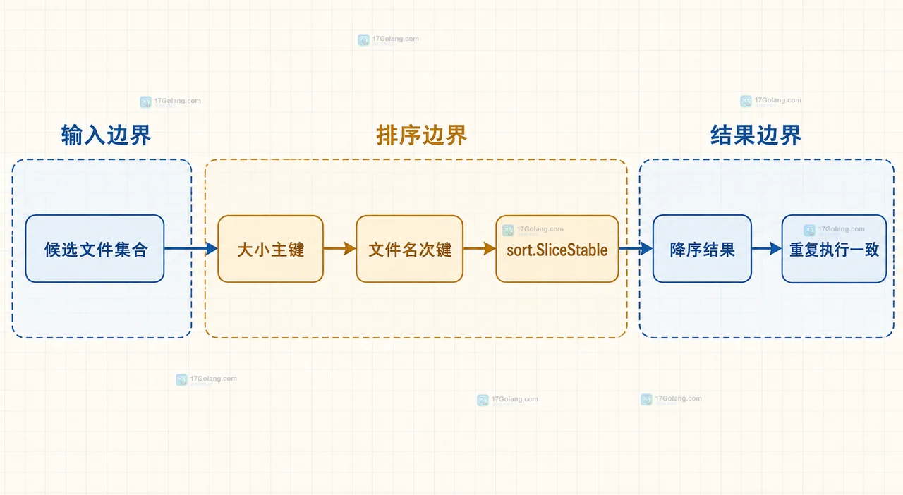 Go os.ReadDir 通过 DirEntry、Info 和 FileInfo.Size 筛选普通文件的静态结构图