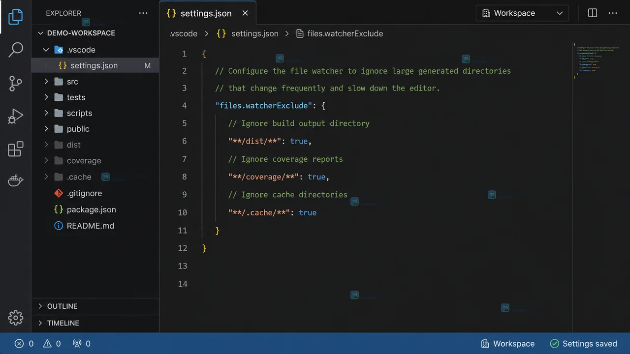 VS Code 工作区设置中的 search.exclude 排除 node_modules、dist 和 coverage 目录界面状态